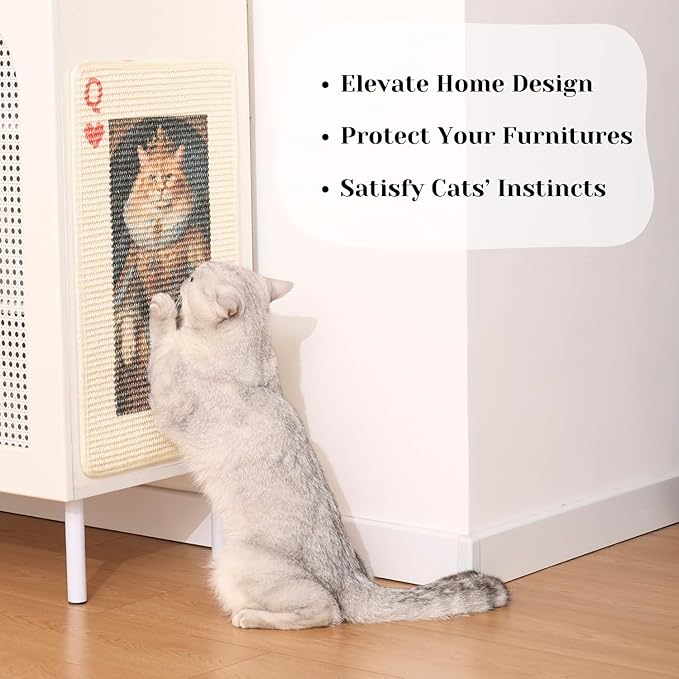 Sisal Cat Scratcher Post Mat (Use on Wall, Couch and Carpet), Shedding-Resistant Scratching Surface - 21.7x13 with Hoop and Loop Adhesives, Pads and Twist Pins (Queen Cat)