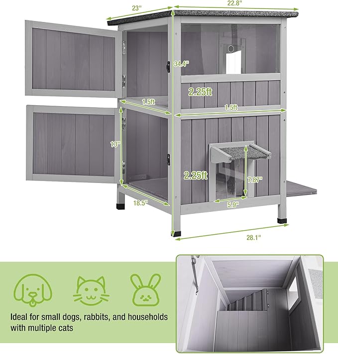 GUTINNEEN Insulated Outdoor Cat House Weatherproof with Insulation Liner for Winter, 2-Story Wooden Feral Shelter with Acrylic Window, Openable Asphalt Roof, Escape Doors