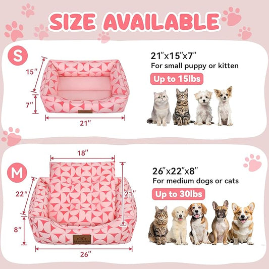 Rectangle Cat Dog Bed for Large Medium Small Pets Indoor Outdoor Machine Washable Sleeping Sofa Non-Slip Bottom Soft Puppy Bed Durable Orthopedic Calming Pet Cuddler (Medium, Pink Pattern)