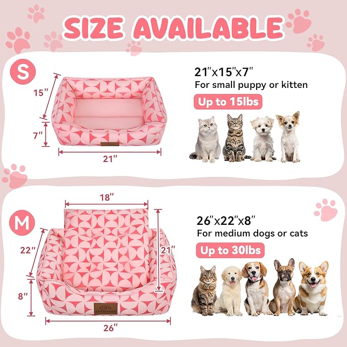 Rectangle Cat Dog Bed for Large Medium Small Pets Indoor Outdoor Machine Washable Sleeping Sofa Non-Slip Bottom Soft Puppy Bed Durable Orthopedic Calming Pet Cuddler (Small, Pink Pattern)