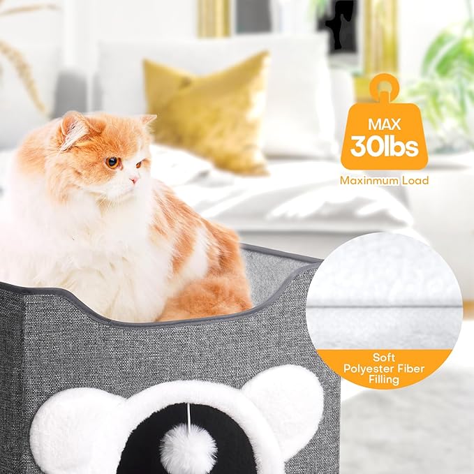 Cat Beds for Indoor Cats, Large Cat House Foldable Cat Cave with Scratch Pad and Hanging Fluffy Ball, Reversible Cushion Hideaway for Pet Cats, 16.5x16.5x13.2 inches, Dark Grey