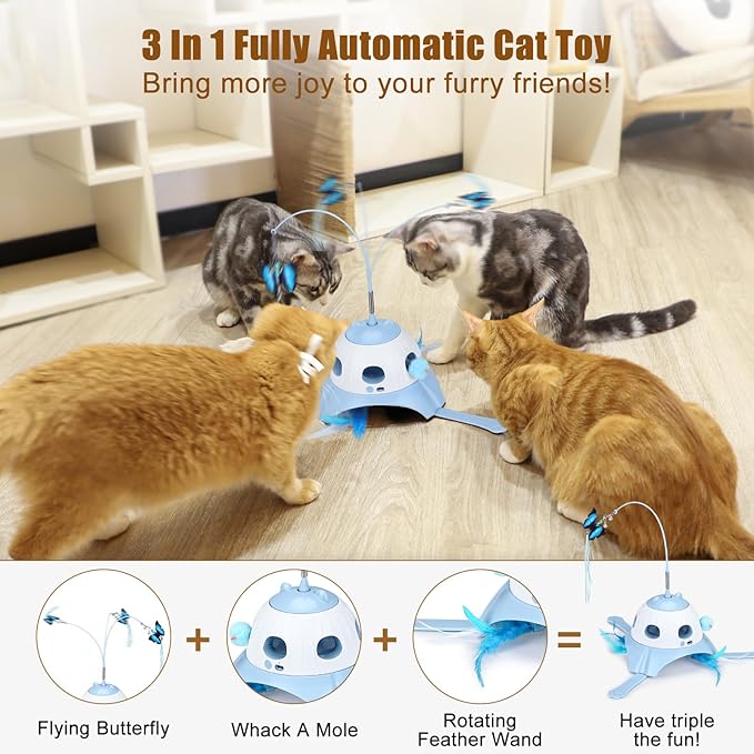 3-in-1 Automatic Cat Toys for Indoor Cats, Fluttering Butterfly, Whack a Mole, Rotating Feather Wand, USB Rechargeable Interactive Feather Toys for Multi-cat Family (Blue)