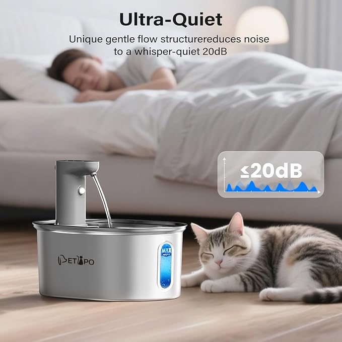 Wireless Cat Water Fountain Stainless Steel, 108oz/3.2L Cat Fountain Battery Operated, Cordless Water Fountains for Cats Indoor Drinking with Motion Sensor，Pet Water Dispenser with 3Filters + 3Sponge