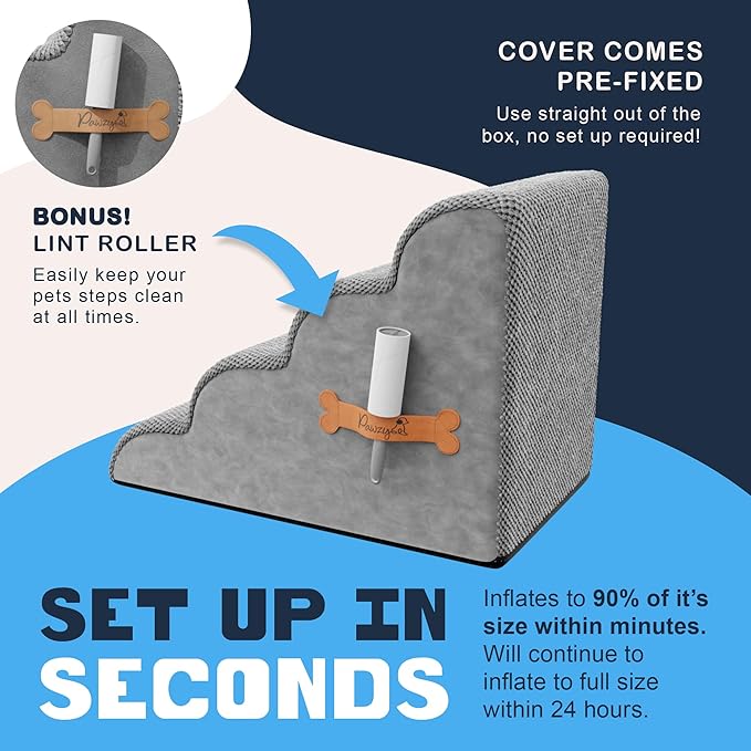 PAWZY Foam Pet Stairs for Bed, Couch or Window PREFIXED Cover - Wide Steps for Bed, Waterproof, Non-Slip Base - 4 Tier Ramp 20'' Height - Dog Stairs for Small Dogs, Puppies, Cats - (Gray, 4 Step, 1)