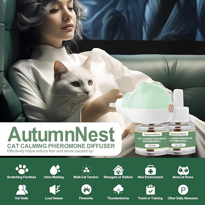 Cat Calming Diffuser Kit with 2 Plug-in & 4 Refills, Pheromone Diffuser for Cats Reducing Fighting, Scratching, Urine, Aggression, Anxiety, Fireworks, Vet Visits, Travel, 120 Day Supply, Safe Formula