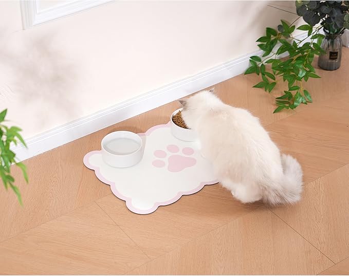 Ralxion Scalloped Dog Feeding Mat, Absorbent Mats for Dog Food and Water Bowl, Dispenser, Cute Elegant Aesthetic Pastel Pink Scallop Pet Placemat for Dogs, Cats, Puppy Accessories, 17" X 24”