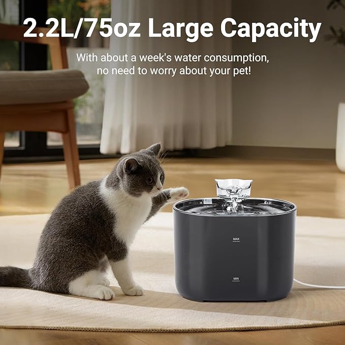 Meill Cat Water Fountain, 75Oz/2.2L Dog Water Bowl Dispenser with Filter Indoor for Small Pets, Automatic Shut-Off for Low Water Level, Water Level Visible, Ultra-Silent, 8 Filters, Black