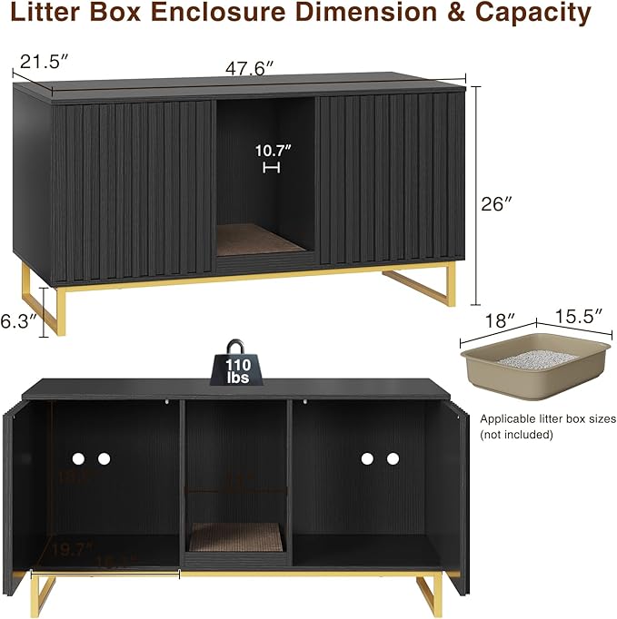 Cat Litter Box Enclosure for 2 Cats, 47.6’’ Litter Box Furniture Hidden with Scratch Pad, Double Room Large Cat Cabinet, Indoor Pet House TV Stand Side Table,Cats Washroom, Black