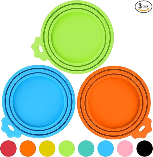 3 Pack Pet Food Can Covers, Silicone Universal Can Lids for Dog & Cat Food, BPA Free, One Fit Most Standard Size Can Lids Top Blue/Green/Orange