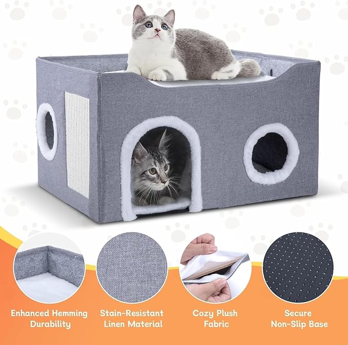 Cat House for Indoor Cats – Foldable Cat Cave & Covered Cat Bed, Cozy Hideaway for Small Pets and Large Cats (23.6"x16"x12.8"),Grey