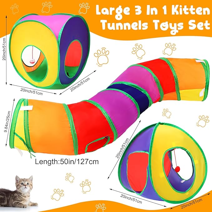 21 Pcs Cat Tunnels for Indoor Set, 3 In1 Collapsible Cat Tunnel Toy with Cube Tent Toys Combo and 20 Pcs Interactive Kitty Toys Feather Toy Fluffy Mouse Crinkle Balls for Kitten Puppy
