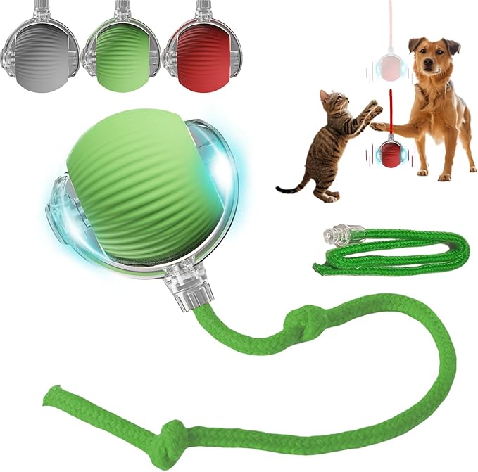 Interactive Dog Cat Toy Ball, Automatic Moving Bouncing Rolling, with Replacement Tail, Pet Smart Chase Ball Rechargeable, Enrichment Toys for Bored Indoor Adult Cats/Dogs (Green)