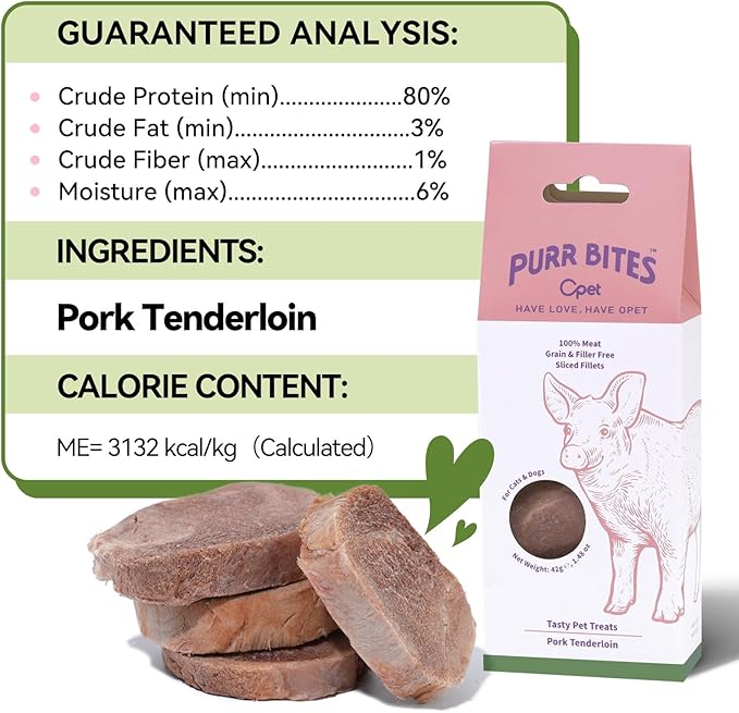 OPET Freeze Dried Cat Treats, Single Ingredient Grain Free High Protein Pet Food for Cats and Dogs, Healthy Training Snacks，Freeze Dried Pork Sliced Fillets (Pork, 5.92 Ounce)