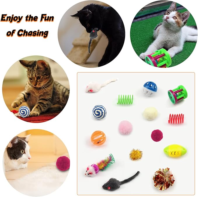 Cat Toys Kitten Toys Assortments, 32 Packs Cat Toys Variety Pack for Kitty, Cat Balls with Bells,Cat Feather Toy, Cat Mouse Toy, Cat Crinkle Balls, Catnip Toys for Indoor Cats Kittens