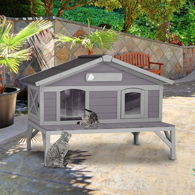 Outdoor Cat House Weatherproof Large Cat Shelter with Balcony Indoor Kitty Shelter Condos with Escape Doors