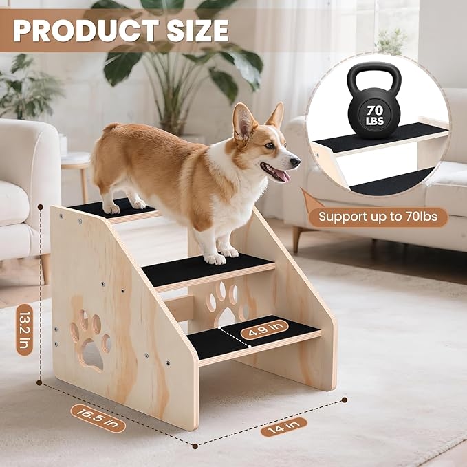 Dog Stairs, Wooden 3-Step Dog Ramp for Small Medium Large Older Cat, Puppy Essentials Pet Step Ladder for High Bed Couch Car