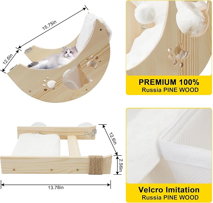 Cat Window Perch with Detachable Ladder-Wodden Cats Bed for Indoor with Double Side Velcro Cat-Mat, Moon CatWindow Seats Mounted with 7pcs Strong Suction Cups for Sleep and Rest