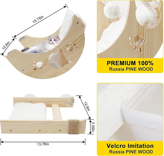 Cat Window Perch with Detachable Ladder-Wodden Cats Bed for Indoor with Double Side Velcro Cat-Mat, Moon CatWindow Seats Mounted with 7pcs Strong Suction Cups for Sleep and Rest