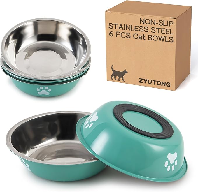 6 PCS Stainless Steel Cat Bowls, Non-Slip Stainless Cats Food Bowl Metal Cat Dishes Whisker Fatigue Kitten Plates Shallow Wide Kitten Bowls, 5.5” Whisker Friendly Food Dish (Bright Green)