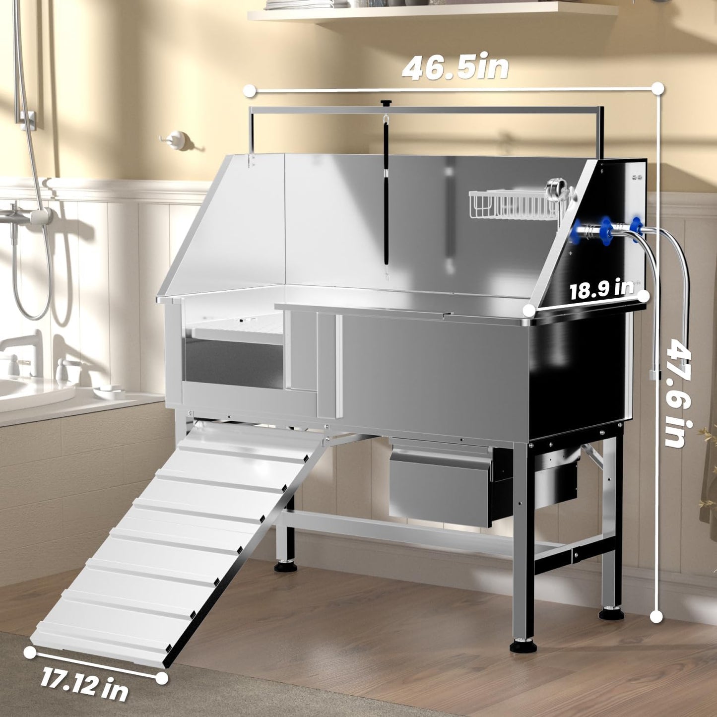 Professional 46" Dog Washing Station, Stainless Steel Dog Bathing Station, Height Adjustable Dog Wash Station, Storage Drawer, Upgrade Parts, Home, Commercial (Left Ramp)