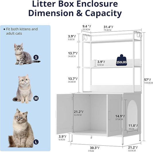 Cozy Castle Litter Box Enclosure, 57'' Cat Litter Box Furniture with Large Cabinet, Shelves and 4 S-Hooks, Hidden Cat House for Most of Litter Boxes, Wooden Pet Washroom Indoor, White