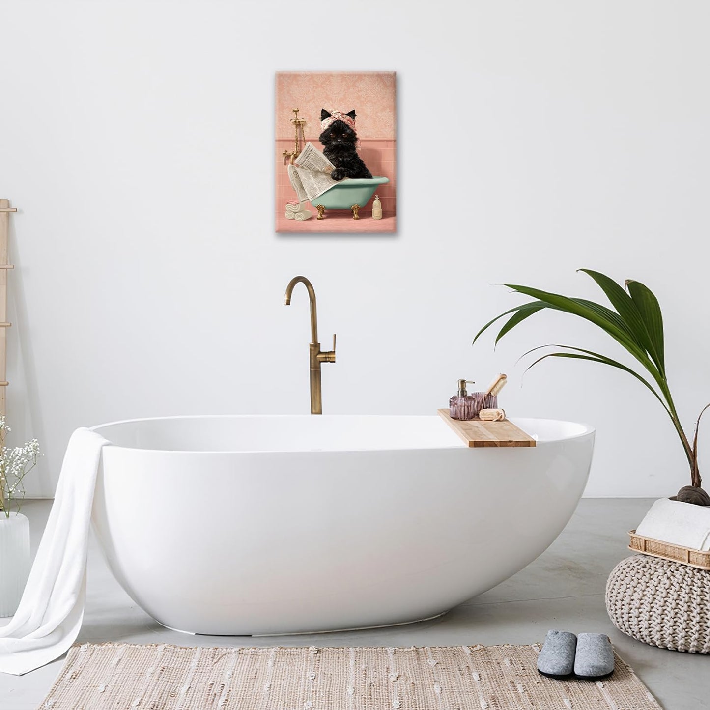 Cat Bathroom Wall Decor Black Cat Reading Newspaper in Bathtub Canvas Wall Art Funny Bathroom Pictures Kitten Painting Print Pink Artwork Framed Decorations Gifts 16"x20"