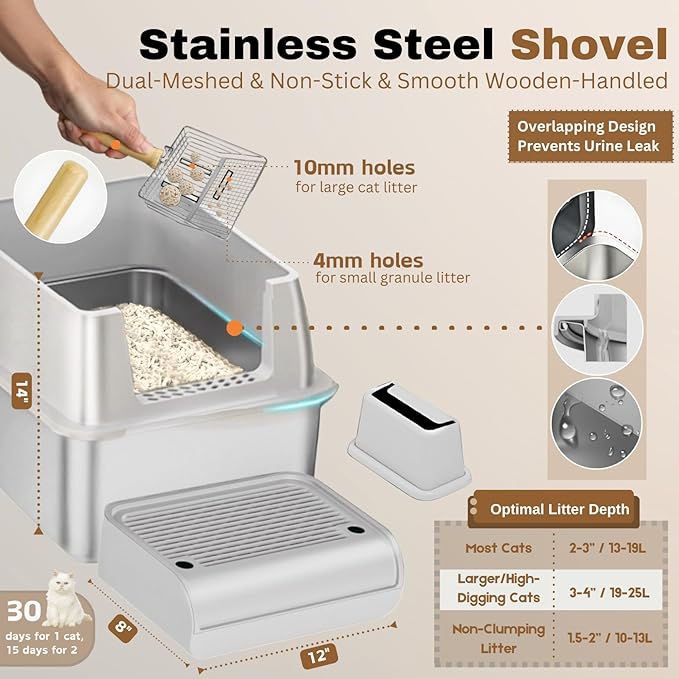 Fully Enclosed XXL Stainless Steel Litter Box with Lid, 8” Deep Pan, Large Stainless Steel Cat Litter Box for Big Cat with Scoop, Step Board, Mat, Brush, Odor-Free, Anti-Leak, Non-Stick (Light Gray)