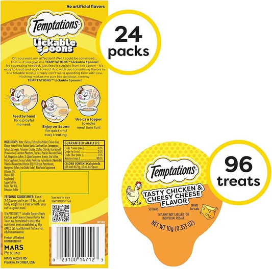 Temptations Lickable Spoons Adult Wet Cat Treat, Tasty Chicken and Cheesy Cheese Flavor, 4 Spoons, Pack of 24 (96 Total)