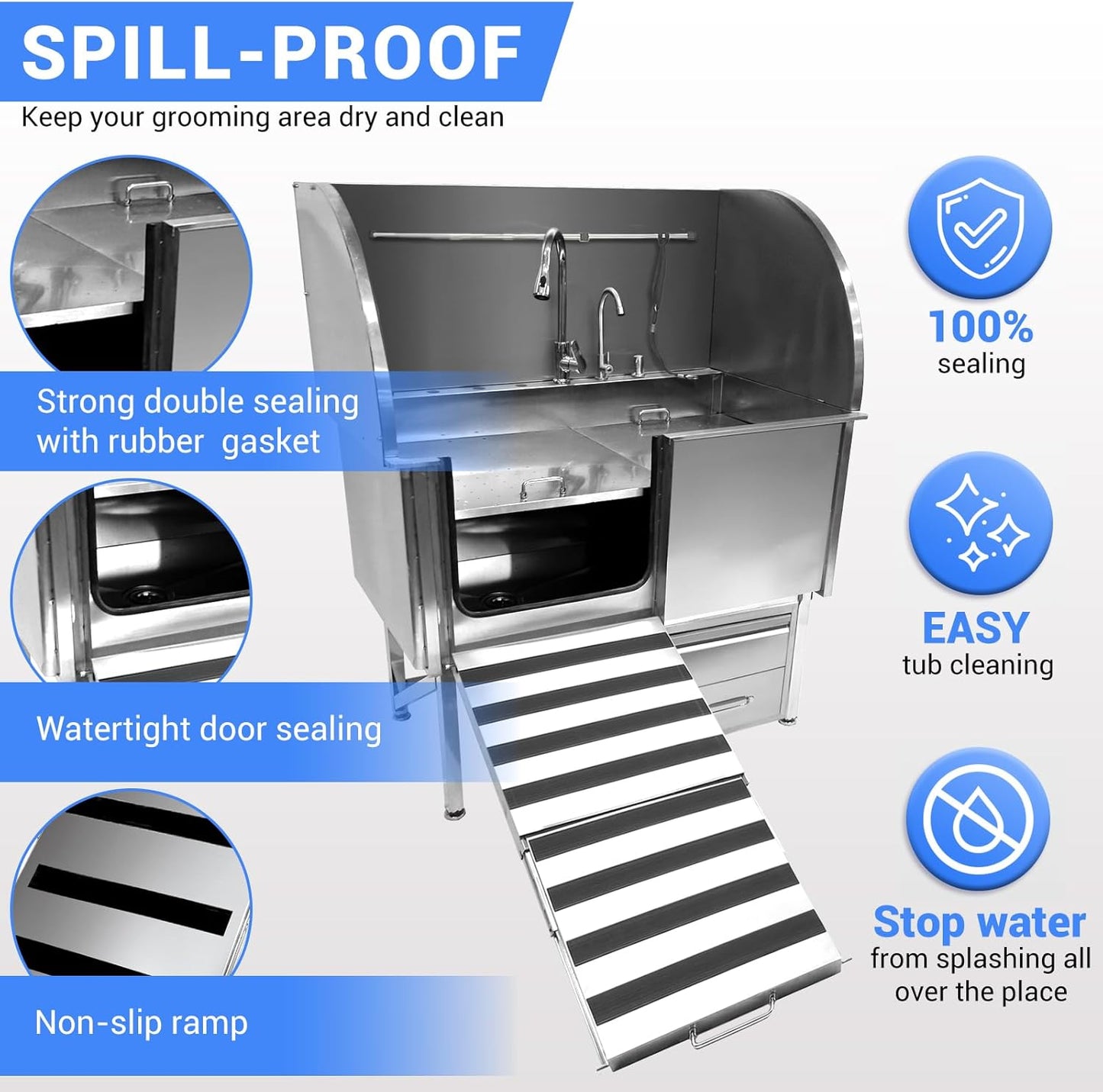Professional Dog Grooming Tub, 38" Stainless Steel Dog Wash Station with Ramp, Storage Drawer, Floor Grate & Faucet/Dog Bathtub for Large, Medium & Small Pets, Left Door