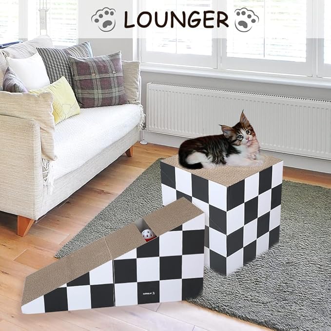 FluffyDream Cat Scratching Board with Ball, Triangle Cat Scratching Cardboard, Multiple Scratching Angles, 2-in-1 Scratching Lounge Bed, Recyclable and Durable, Furniture Protector, Black and White