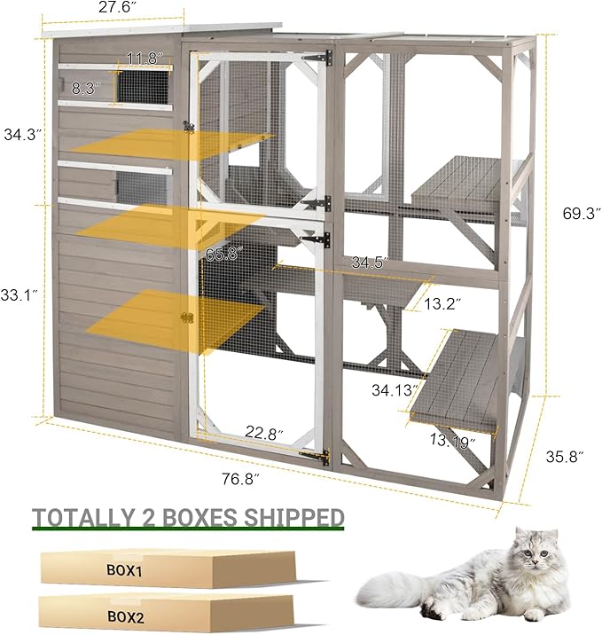 Catio Cat Enclosure Outdoor, Large Cat House Outdoor Weatherproof Attached to Window for Multi Cats, Asphalt and UV Protection Roofs, Multi Platforms-71 H 77" L