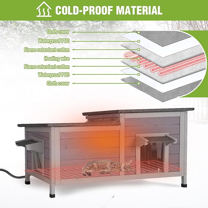 GUTINNEEN Heated Cat House Outdoor Cat House Insulated Large Weatherproof Feral Cat Shelter with Heated Pad, Insulated All-Round Thermal Liner, Chewproof Cable for 1-4 Cats (Winter-Ready)