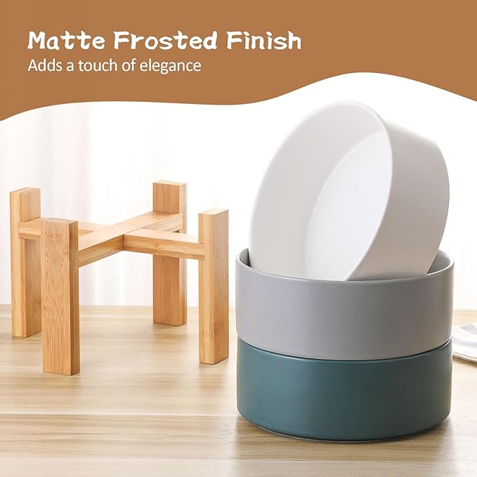 Elevated Ceramic Large Dog Bowl - Raised Dog Dish with Bamboo Stand - Heavy Weighted, No Tip Over, Comfortable Eating - 8.4" Diameter - 4.5 Cups - 68 fl oz - Grey