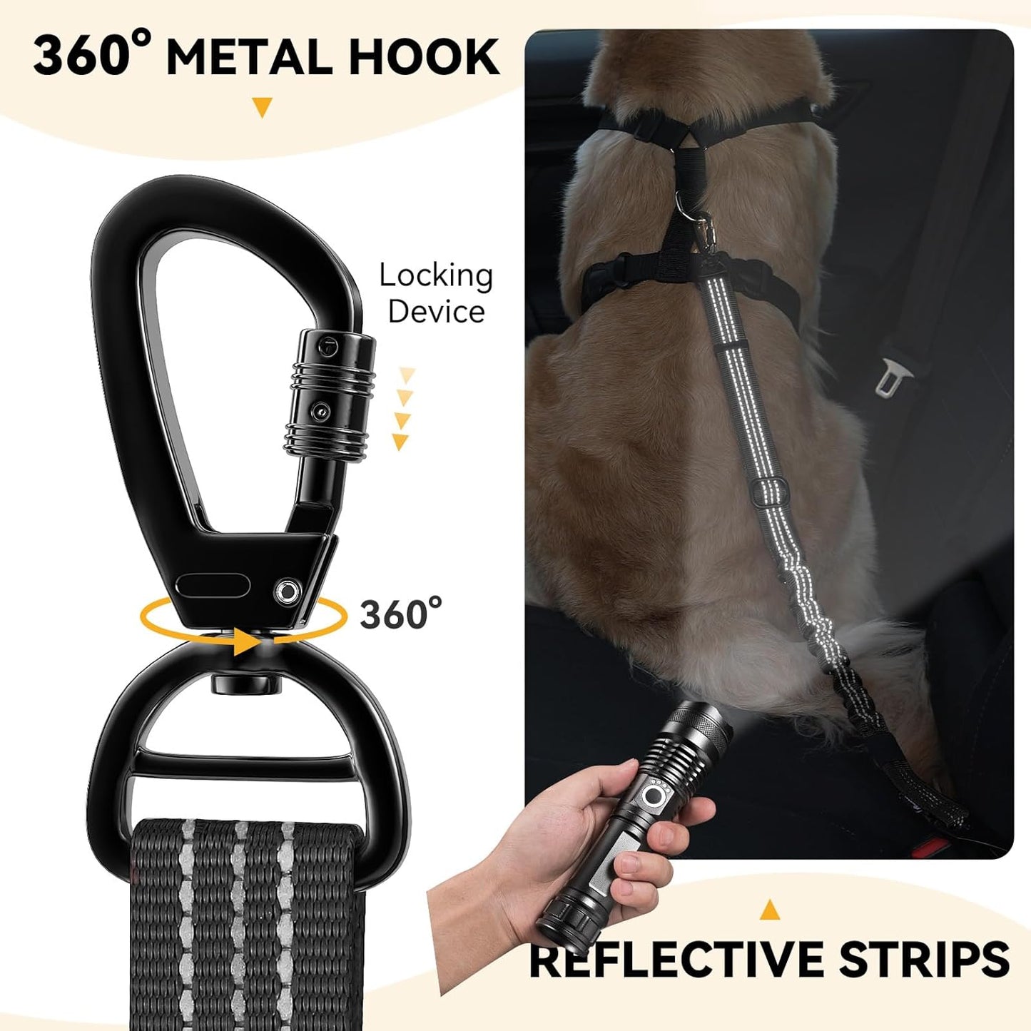 Pawaboo Dog Seatbelt for Car, 3-in-1 Dog Seat Belt Bungee, Shockproof Dogs Tether for Car with Buckle & Hook Latch, Adjustable Reflective Dogs Cars Harness Leash with 360° Lockable Buckle, Black