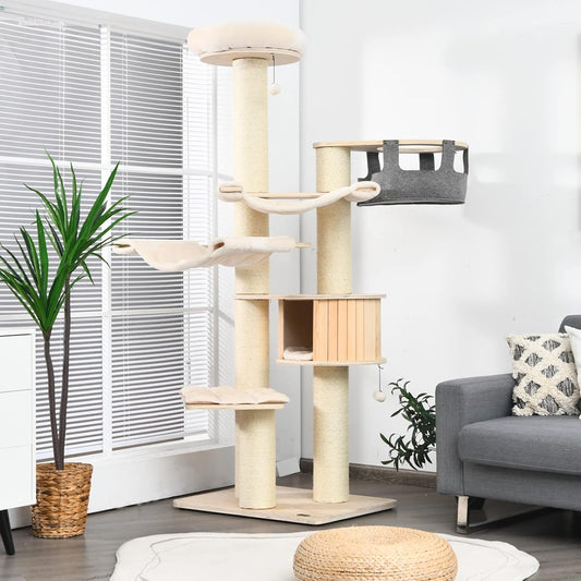 PETSITE 77.5" Tall Cat Tree, Multi-Level Modern Cat Tower with Sisal Scratching Posts, Top Perch, Cat Condo, Hammocks, Hanging Basket, and Jingling Balls, Cat Tree Tower for Indoor Cats Large Adult