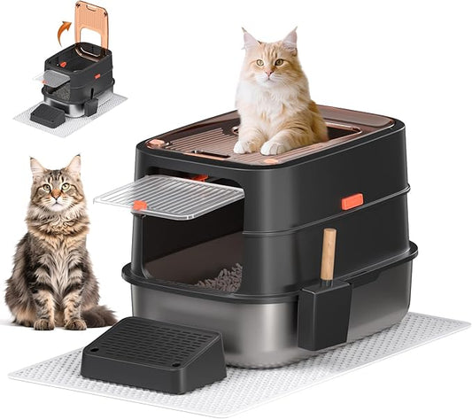 Stainless Steel Litter Box with Lid,90° Flip-Top Extra Large Cat Litter Box,Front Entry Top Exit Kitty LitterBox,Enclosed Metal Cat Box with Litter Scoop & Litter Mat,Anti-Leakage, Non-Sticky