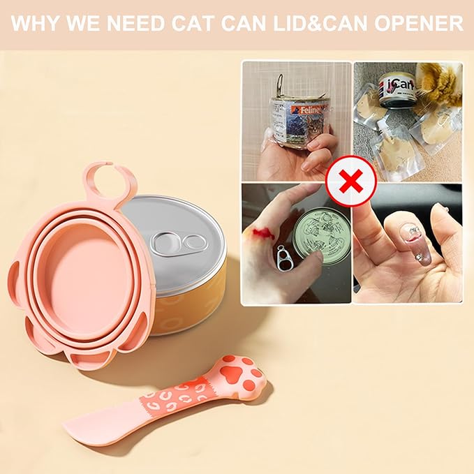 PETPAWLOVELY-Cat&Dog Food Can Covers Lids,Silicone Cat Food Spatula or Can Opener,Cat Treat Spoon.Multi-Function Cat Treat Dispenser Spoon,1 Lid&2 Spoon for Wet Food(Pink)