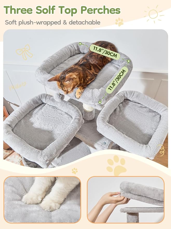 Taoqimiao 76-Inch Cat Tree with Scratching Posts,XXL Cat Tower for Large Cats with Cat Scratching Board,Extra-Large Metal Hammock,3 Perches, 2 Big Condos, Hanging Basket,MS047W,Light Gray