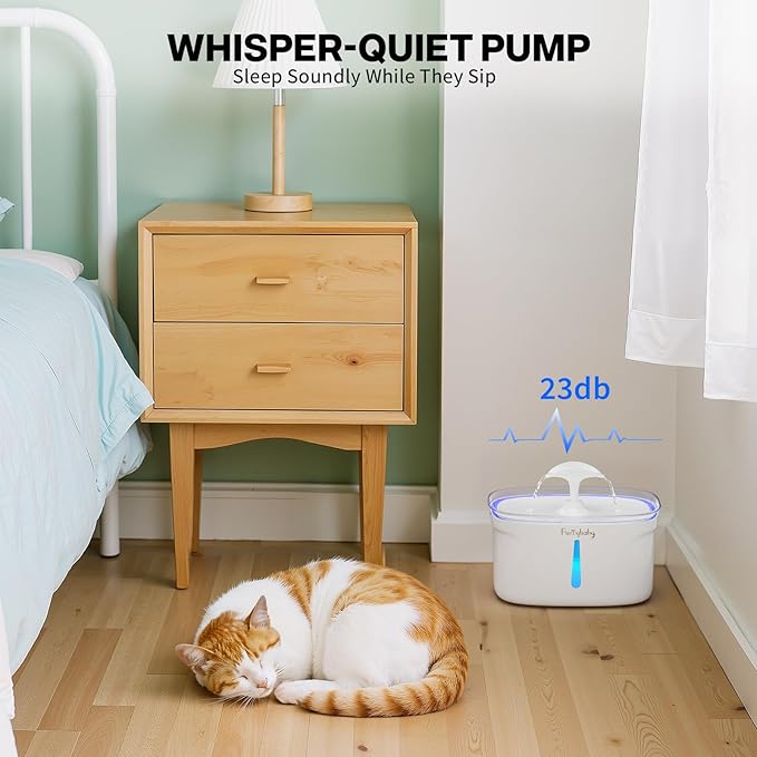 furrybaby Cat Water Fountain - 84oz/2.5L Automatic Pet Water Fountain for Cats Indoor with LED Light and Water Level Window Intelligent Pet Water Dispenser for Cats with Filter (Rectangular, White)