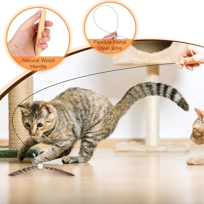 Cat Toys Interactive for Indoor Cats, Cat Wand Toys with 3 Feather Refills, Sturdy Wood Handle with Flexible Steel Wire for Kitten, Feather Toys Refills for Bored Indoor Adult Cats