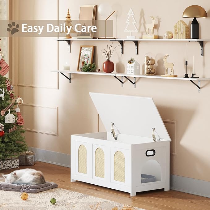 DINZI LVJ Cat Litter Box Enclosure, Flip Top Litter Box Furniture, Rattan-Like Hidden Cat Washroom, Wooden Pet House, End Side Table, 39.4" L x 19.7" W x 19.7" H, Easy to Assemble, White with Rattan