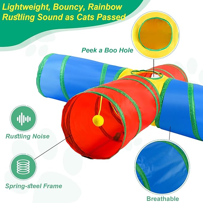Cat Tunnel for Indoor Cats, 4 Way Large Cat Play Tunnel Tube with 12 Springs, Folded Pet Tube with Interactive Peephole, Large Rainbow Pet Tunnels for Indoor Kitten Rabbit