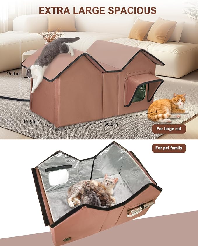 Extra Wide Large Heated Cat House for Outside, Elevated Waterproof Outdoor Cat House Weatherproof for Winter, Insulated Outdoor Cat Shelter with Escape Doors and Heating Pad for Multiple Cats, Brown