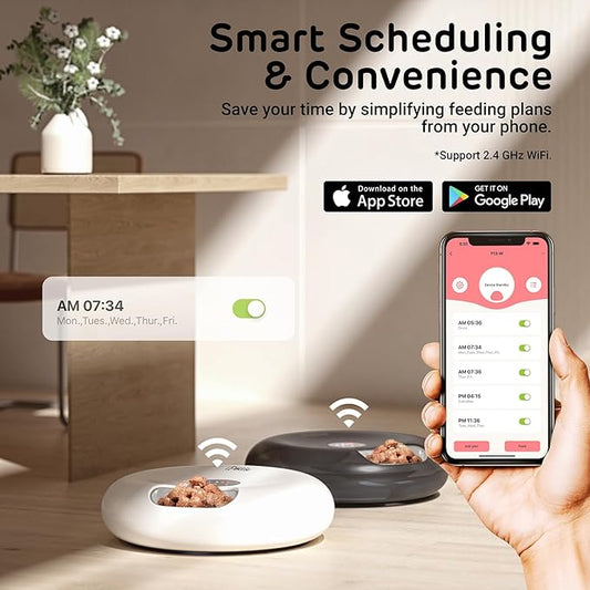 [Stainless Steel Tray Version] iPettie Donut Frost WiFi 6 Meal Automatic Wet Food Feeder with Ice Packs for Senior and Weak Pets, App Control Programmable Timer, Holds 6 x ½ lb. of Food, Black