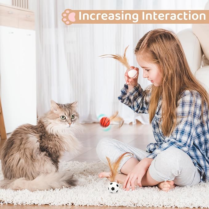 6PCS Interactive Feather Ball Toy for Cats, New Cat Bouncy Ball with Feather Tails, Elastic Cat Toy Balls for Indoor, Rolling Balls for Cats Playing Exercise