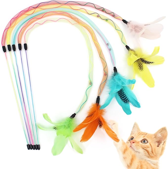 SONGWAY Cat Rainbow Wand Toy - Rainbow Cat Feather Toys with Bells, Colorful Mesh Teaser Wand with Feather Tail, Interactive Toys for Indoor Cats Kittens, Light Color