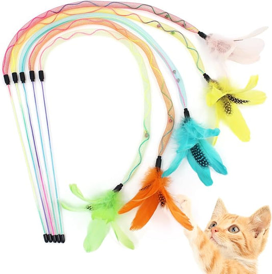 SONGWAY Cat Rainbow Wand Toy - Rainbow Cat Feather Toys with Bells, Colorful Mesh Teaser Wand with Feather Tail, Interactive Toys for Indoor Cats Kittens, Light Color