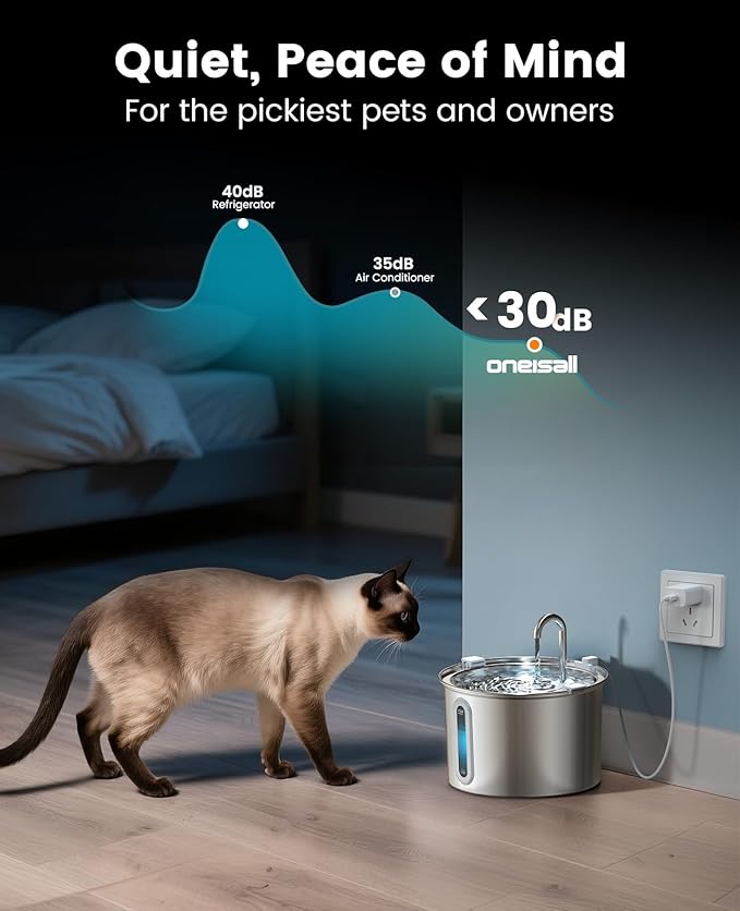 oneisall 2L Stainless Steel Cat Water Fountain with Snap, Anti-Spill Cats Water Fountains with Quiet Pump,Continuous Fresh Water Supply,Pet Water Fountain for Single Kitty & Small Pets