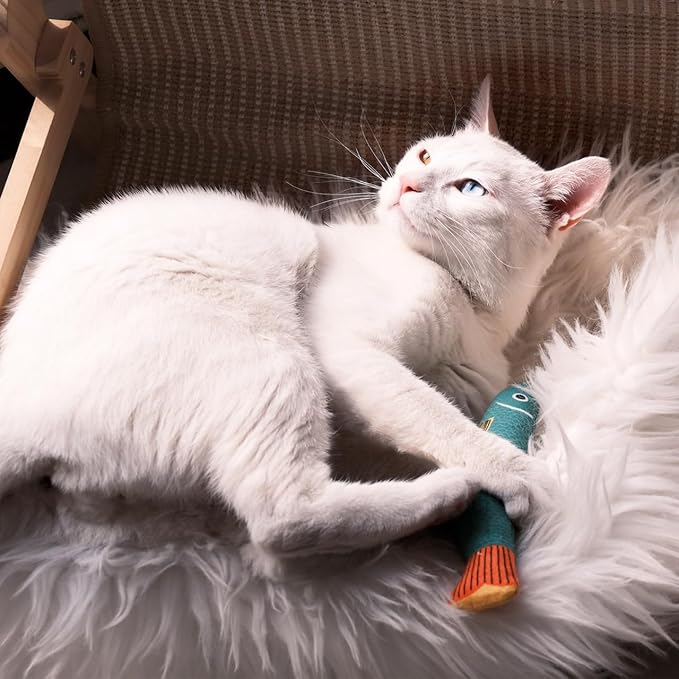Cat Toys for Indoor Cats, 3 Catnip Fish Kicker with Little Bell Sound and Bonus Rope Toy, Soft and Durable Interactive Cat Fish for Kitten Exercise, Teething, and Play