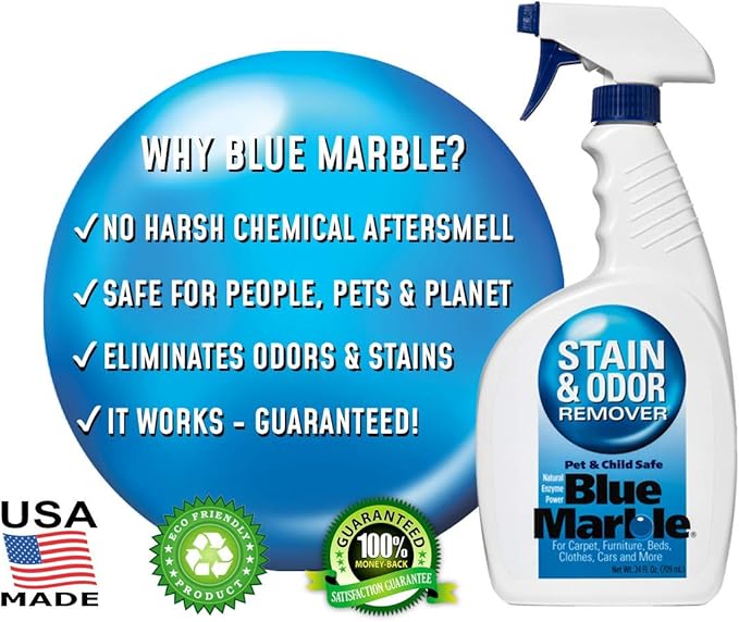 Blue Marble Stain & Odor Remover is Professional Strength, Eliminates Urine, Feces and Other Organic Stains & Stink Using Natural Enzyme Power. Great For Dogs, Cats, Pets, People and Other Accidents.